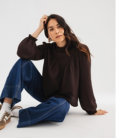 GEMO T-shirt col victorien uni femme marron fonce