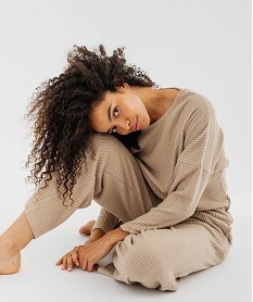 GEMO Pantalon de pyjama en maille côtelée extensible à taille élastiquée femme Beige