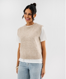 GEMO Pull sans manches en maille douillette chinée femme beige chine
