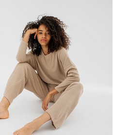 GEMO Tee-shirt de pyjama à manches longues chauve-souris en maille côtelée femme Beige