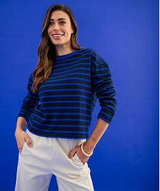 GEMO Tee-shirt manches longues rayé en maille femme Bleu