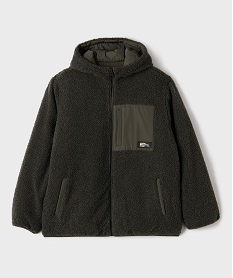 GEMO Blouson à capuche réversible avec matière déperlante et sherpa garçon kaki fonce