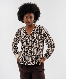 GEMO Blouse à manches longues et col V imprimée femme Beige