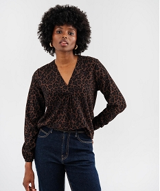 GEMO Blouse à manches longues et col V imprimée femme marron fonce