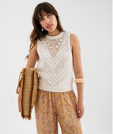 GEMO Pull sans manches en maille ajourée avec plastron femme blanc standard