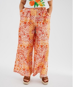 GEMO Pantalon fluide imprimé avec ceinture à nouer femme Orange