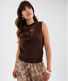 GEMO Pull sans manches en maille ajourée avec plastron femme marron fonce