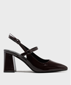 GEMO Escarpins sling-back vernis à bout pointu et talon large femme - Follow Me marron standard