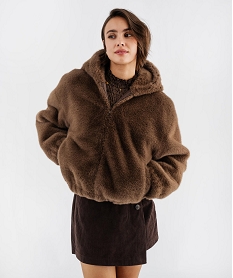 GEMO Blouson à capuche en fourrure imitation femme marron standard