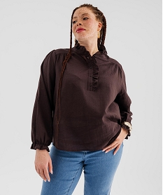 GEMO Blouse manches longues avec col victorien à volants femme grande taille marron fonce