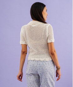GEMO Pull manches courtes en maille ajourée à col Claudine boutonné femme Beige