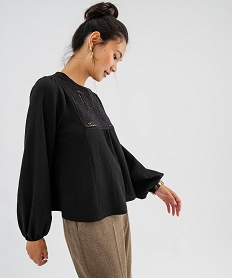GEMO T-shirt manches longues uni avec plastron brodé femme noir standard