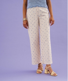 GEMO Pantalon large à rayures et motifs fleuris femme Beige