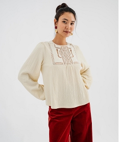 GEMO T-shirt manches longues uni avec plastron brodé femme Beige