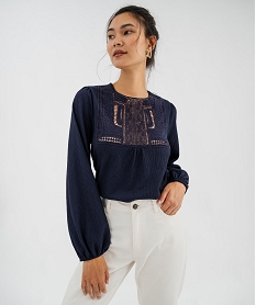 GEMO T-shirt manches longues uni avec plastron brodé femme Bleu