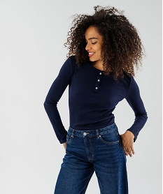 GEMO T-shirt col tunisien uni femme Bleu