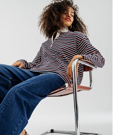 GEMO Polo manches longues en jersey rayé à col victorien femme Bleu
