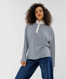GEMO Polo manches longues en jersey rayé à col victorien femme bleu vif