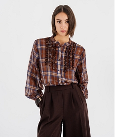 GEMO Chemise à carreaux col mao femme Brun