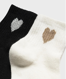 GEMO Chaussettes courtes tige côtelée à cœur pailleté femme (lot de 2 paires) blanc standard