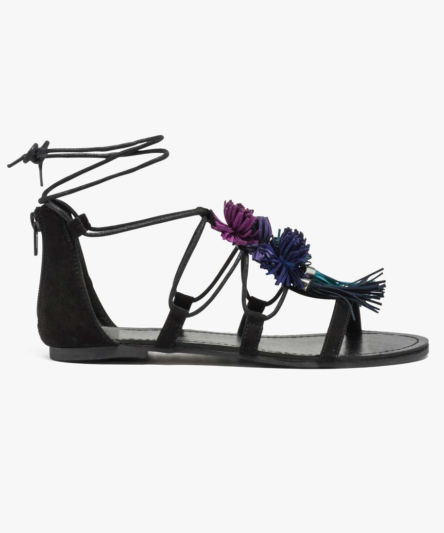 sandales avec pompons sur le dessus noir nu pieds et sandales plates femme GEMO