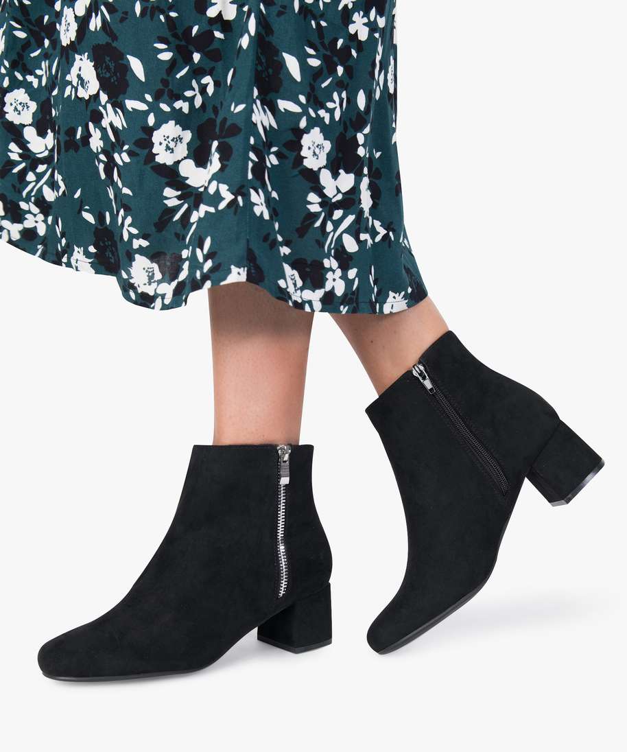 boots femme a talon carre en suedine unie et zip decoratif noir