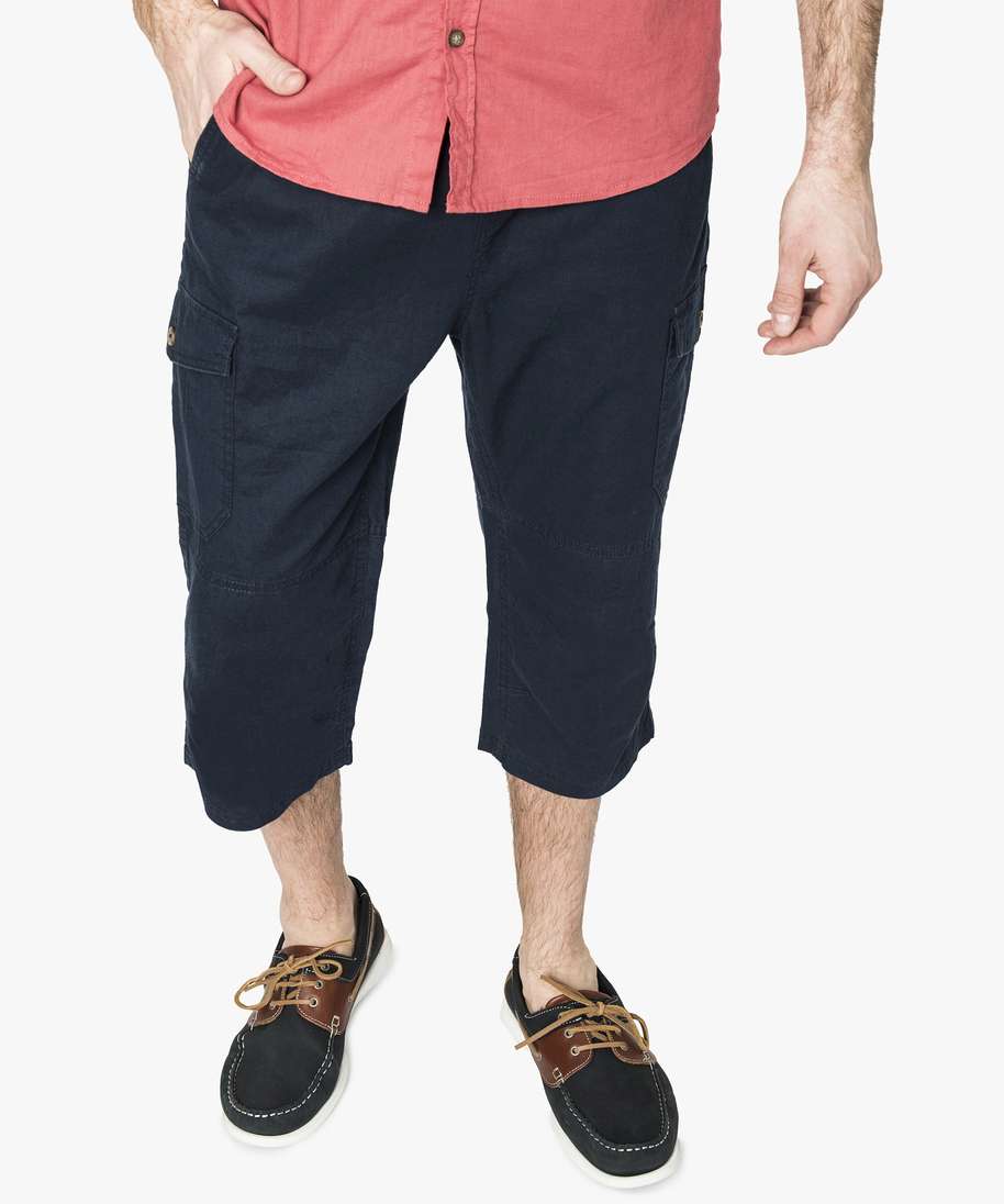 pantacourt en lin avec larges poches sur les cotes bleu shorts et