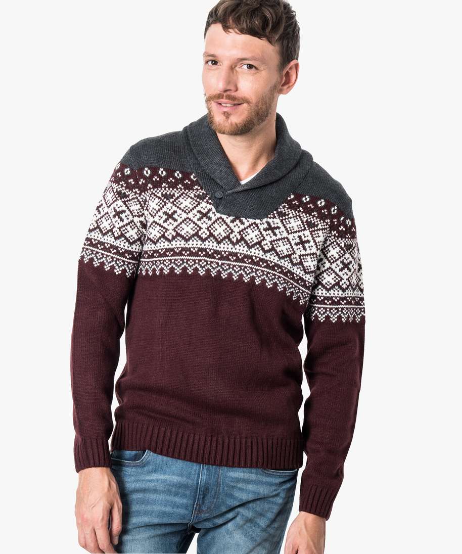 pull col chale a motif jacquard rouge pulls homme G MO