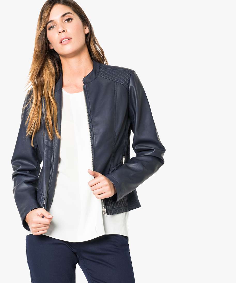 blouson aspect cuir style biker bleu vestes femme G MO
