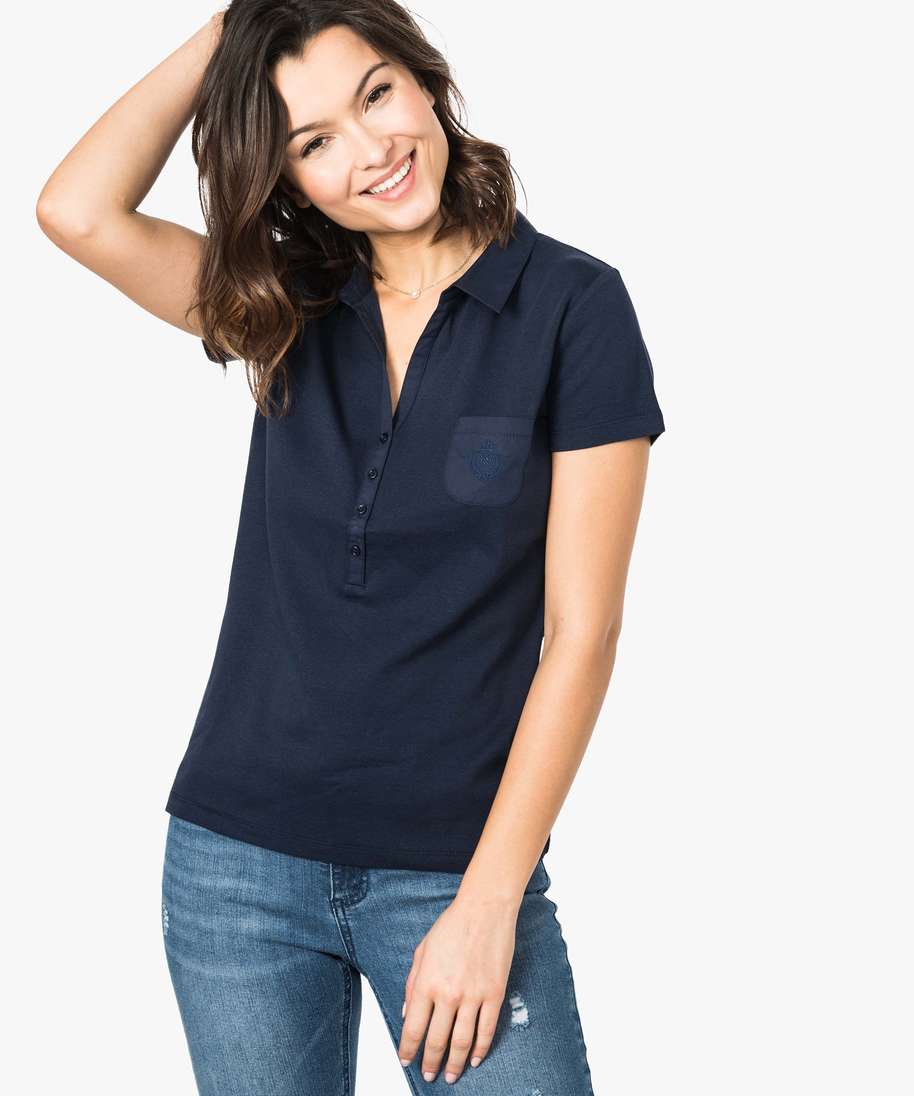 polo femme en jersey a manches courtes et col chemise bleu tee shirts tops et debardeurs femme GEMO