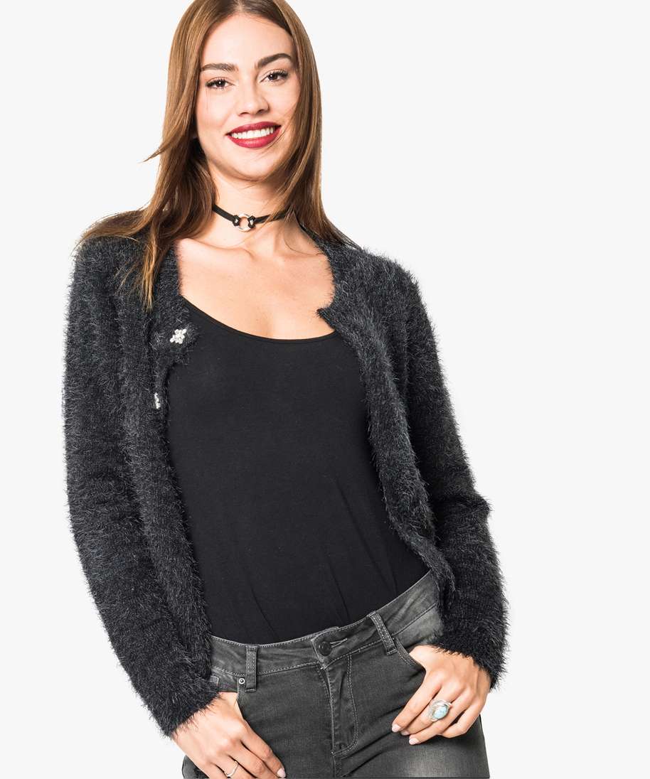 gilet duveteux avec boutons en strass noir gilets femme | GÉMO