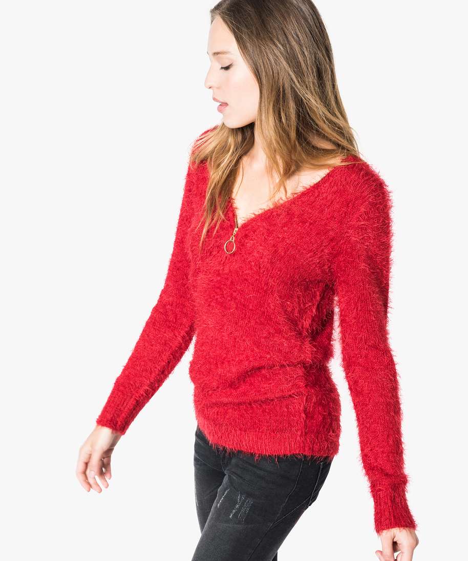 pull en maille duveteuse avec col v zippe rouge pulls femme