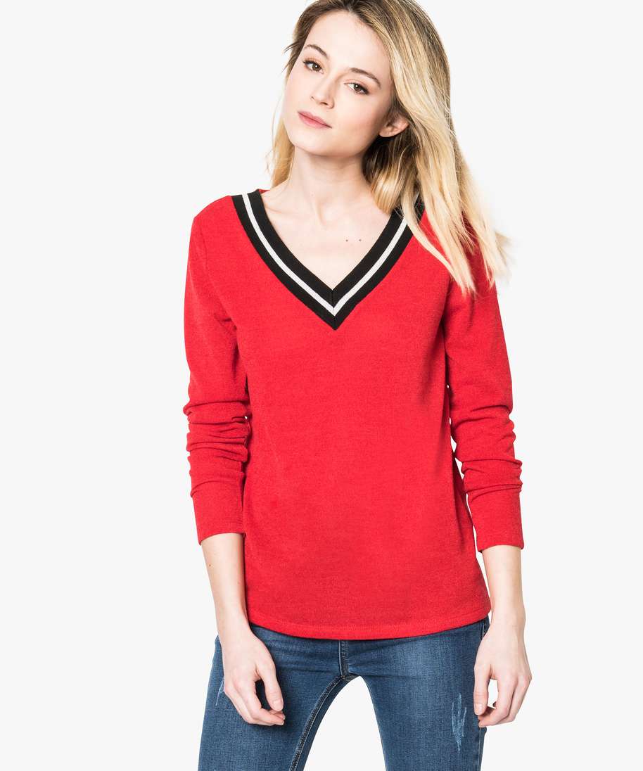 Pull col v rouge femme cheap
