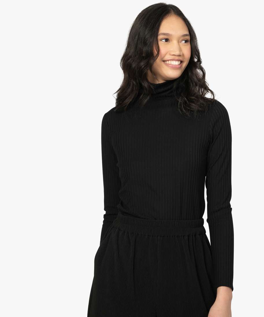 tee-shirt femme en maille cotelee manches longues et col montant noir t-shirts manches longues