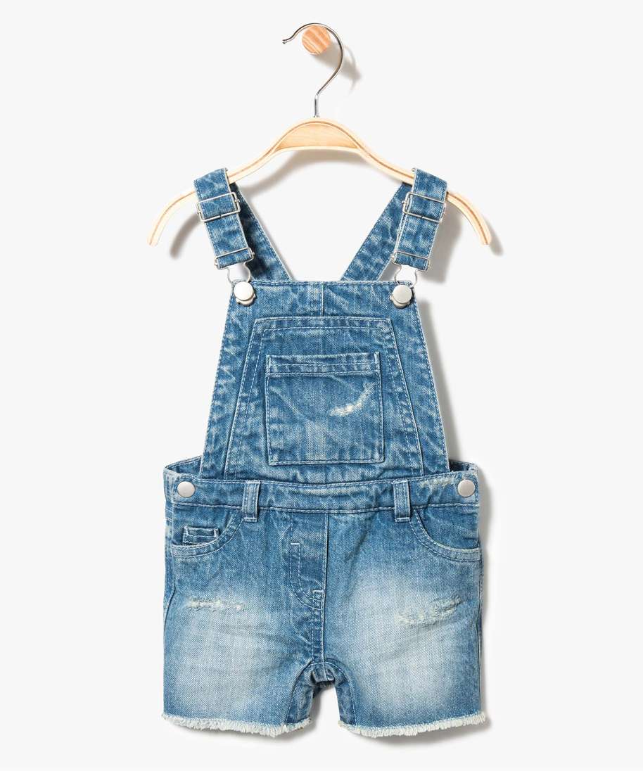 salopette courte en jean effet use bleu
