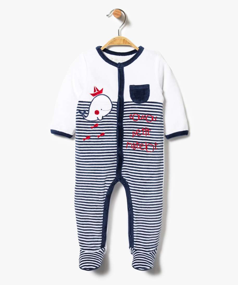 pyjama bebe garcon en velours a rayures sur lavant blanc