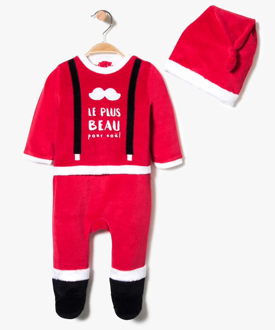 ensemble 2 pieces pyjama bonnet pere noel rouge bebe