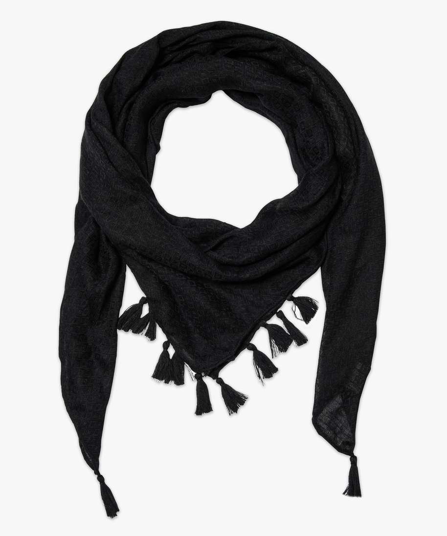 foulard femme uni en maille texturee et finitions pompons noir