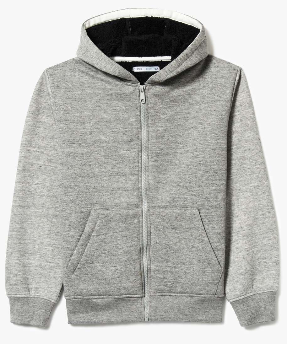 sweat zippe a capuche double fausse fourrure gris sweats