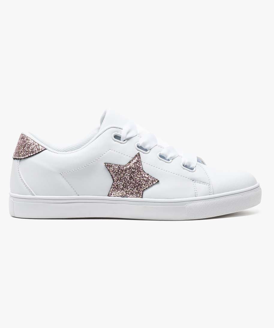 tennis fille avec motif etoile pailletee et lacets rubans blanc