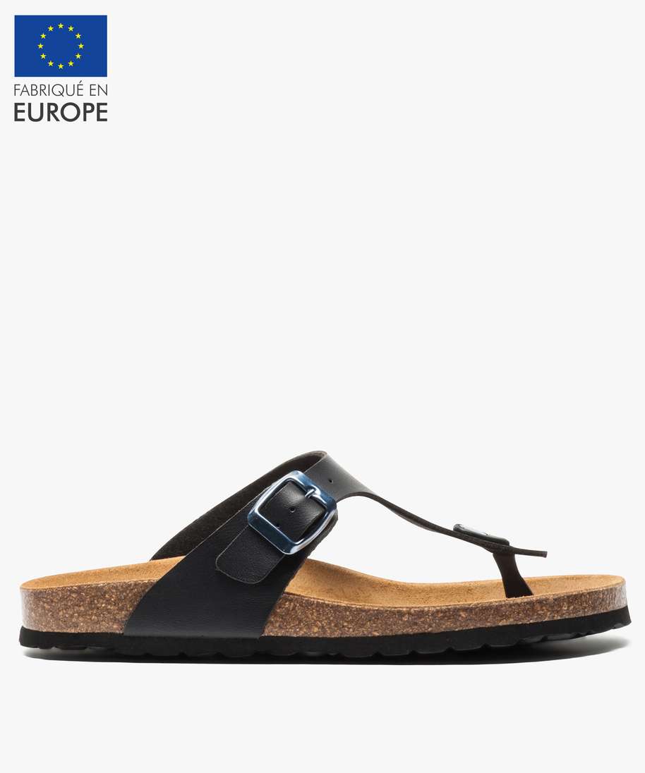 mules femme a talon plat avec large bride en t unie noir standard sandales plates et nu pieds femme GEMO