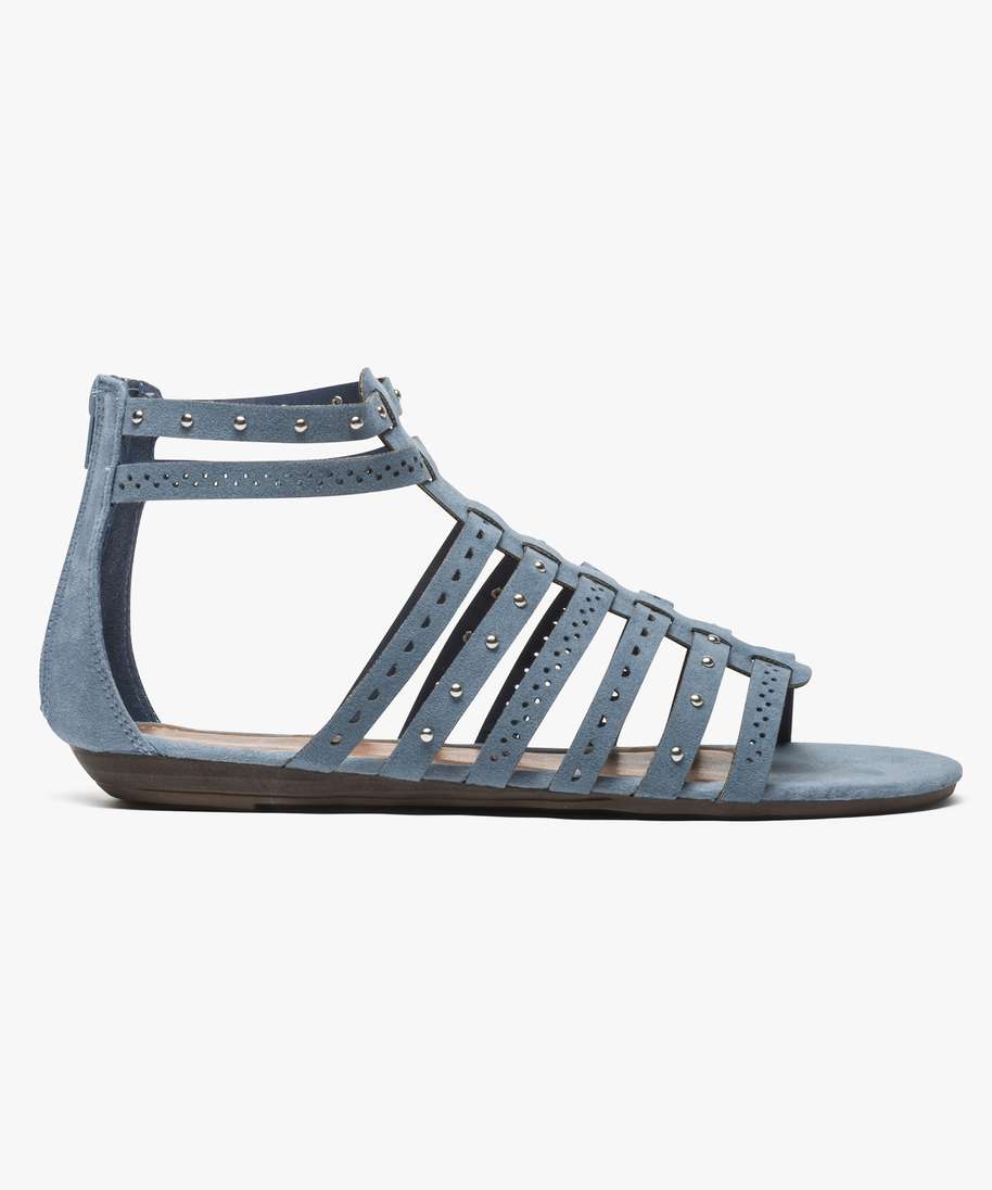 sandales femme spartiates avec clous metalliques et talon zippe bleu standard sandales plates et nu pieds femme GEMO