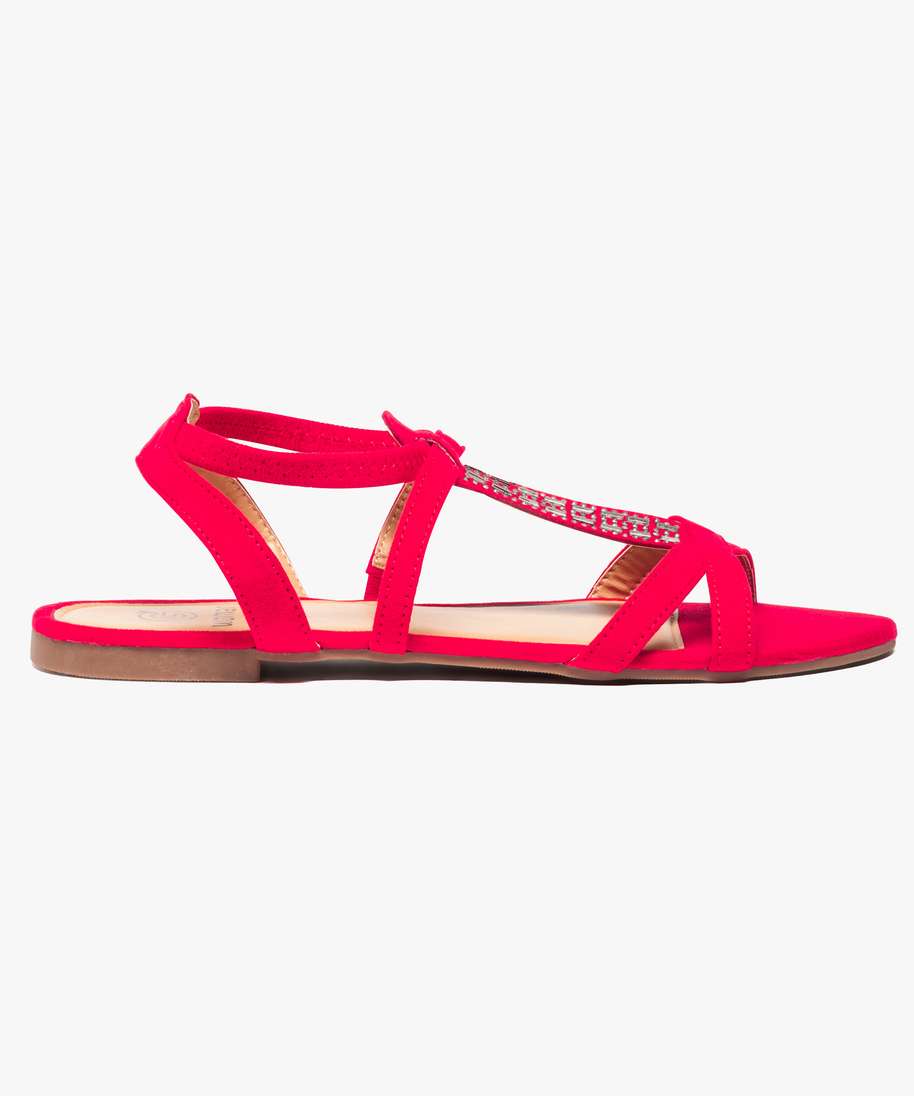 sandales femme multbrides avec strass rouge sandales plates et nu pieds femme GEMO
