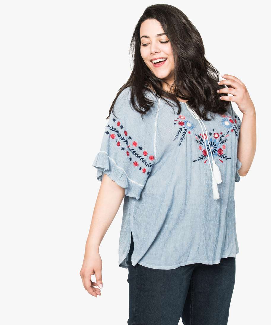 blouse manches courtes fluide a broderies bleu standard blouses - Main Image