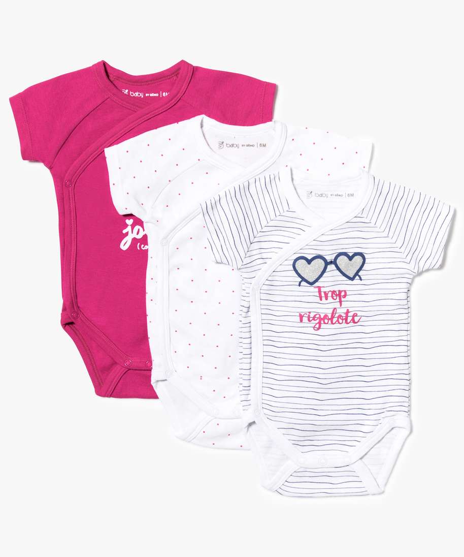 lot de 3 bodies croises a manches courtes blanc bebe GEMO