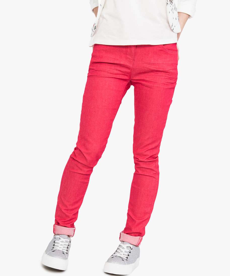 pantalon slim uni effet plisse rouge pantalons fille GEMO