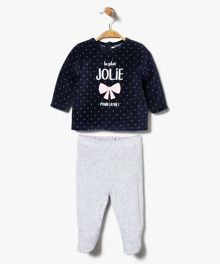 Gemo Naissance Pyjama 2 Pieces En Velours Pour Bebe Fille Avec Motif Noeud Bleu Bebe Gemo