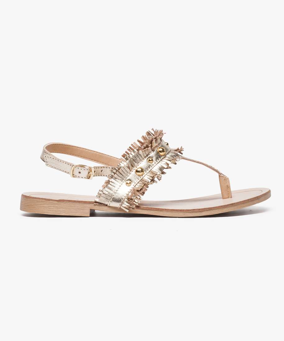 nu pieds femme a entredoigt dessus cuir avec franges jaune sandales plates et nu pieds femme GEMO