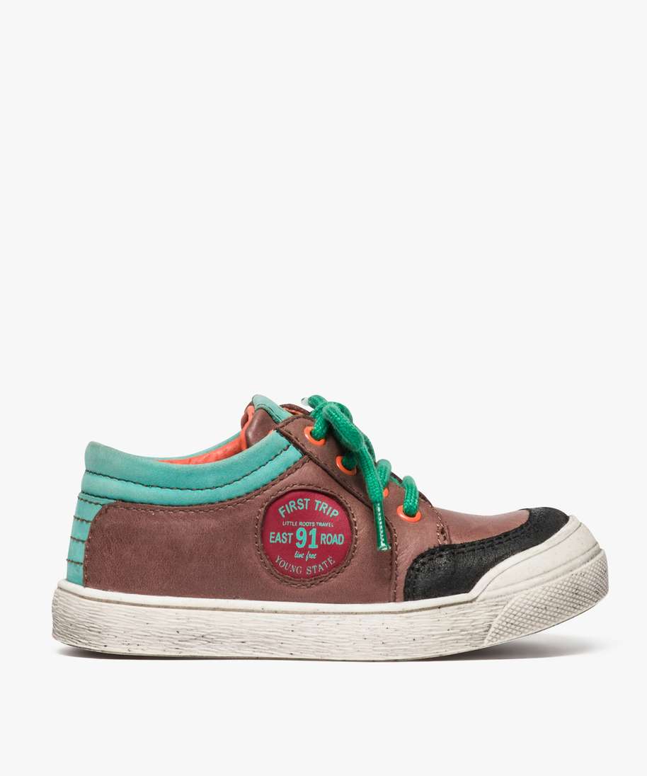 baskets garcon multicolores avec dessus cuir brun chaussures basses garcon GEMO