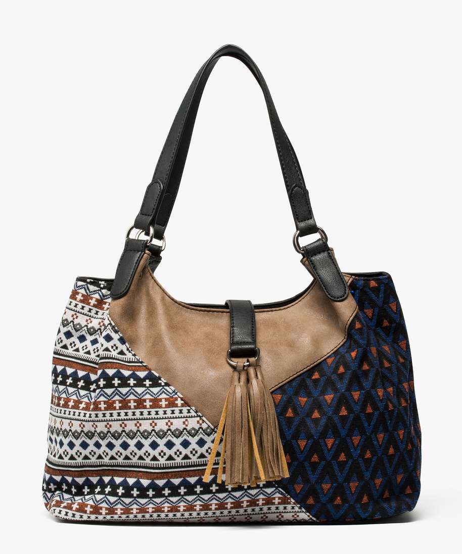 sac a main style ethnique a pampilles brun cabas grand volume